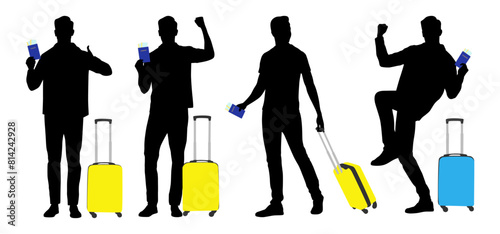 Silhouette of young man tourist with smartphone and passport. Male in casual clothes with a suitcase and tickets. Young male traveler goes on a journey. Vector illustration set isolated on white