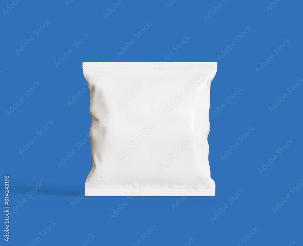 Snack packet packaging white color on blue background Snack packet packaging white color on blue background
