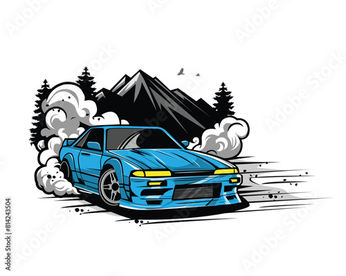blue car on the smoke and mountain