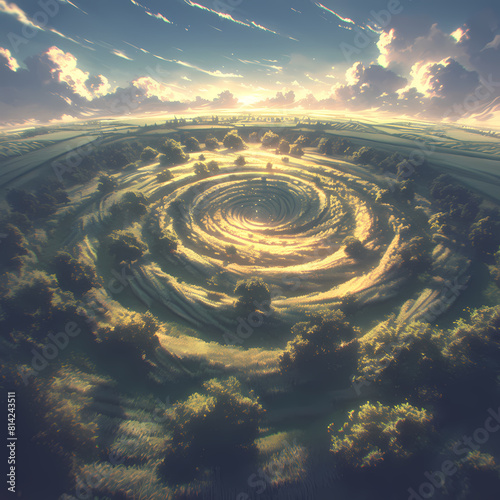 Awe-Inspiring Aerial Perspective of a Unique Spiral Garden with Sunlight and Shadow Effects