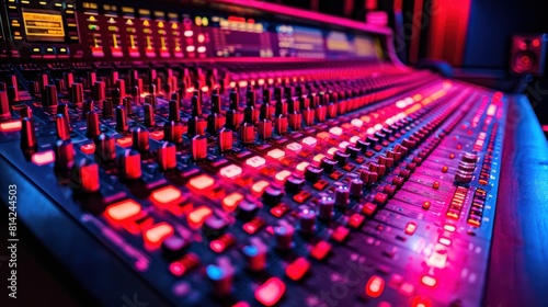 Red Cinematic Studio Light Illuminates Wide Angle Shot of Recording Studio Mixing Console