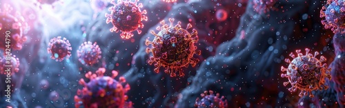 Microscopic View of Influenza Virus Cells with Abstract D Viruses Texture - Virology Medicine Science Background Banner Panorama photo