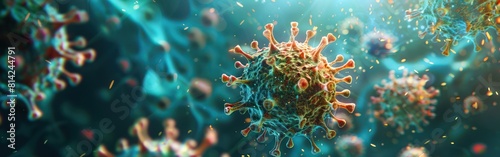 Microscopic View of Influenza Virus Cells with Abstract D Viruses Texture - Virology Medicine Science Background Banner Panorama photo