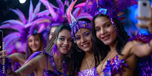 Selfies captured during vibrant Brazilian Carnaval street parade in colorful costumes. Concept Brazilian Carnaval, Street Parade, Colorful Costumes, Vibrant Selfies, Joyful Celebration