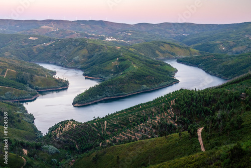 Beautiful landscape of the curves of the Zêzere river in the Portela do Fojo area in Portugal at the end of the day in summer.