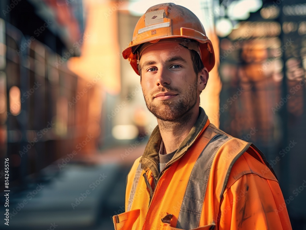 Front view of a construction worker wearing a helmet. Front view of a construction worker wearing a helmet.