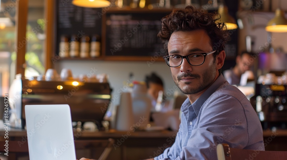 A dapper businessman, sporting trendy glasses and a relaxed demeanor, occupies a cozy corner of a bustling urban cafe. A dapper businessman, sporting trendy glasses and a relaxed demeanor, occupies a cozy corner of a bustling urban cafe.