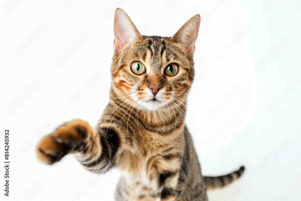 A cat with green eyes is standing on a white background