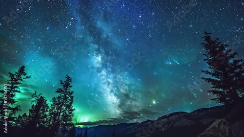 Stardust light of the milky way galaxy in a beautiful night sky, with silhouettes of trees over the mountains.