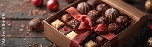 Assorted Chocolate Pralines in Gift Box on Dark Brown Table - Sweet Confectioner Photography Background © hisilly