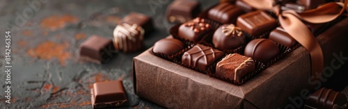 Assorted Chocolate Pralines in Gift Box on Dark Brown Table - Sweet Confectioner Photography Background