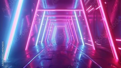 3D illustration of a hallway with pink RGB neon light background.