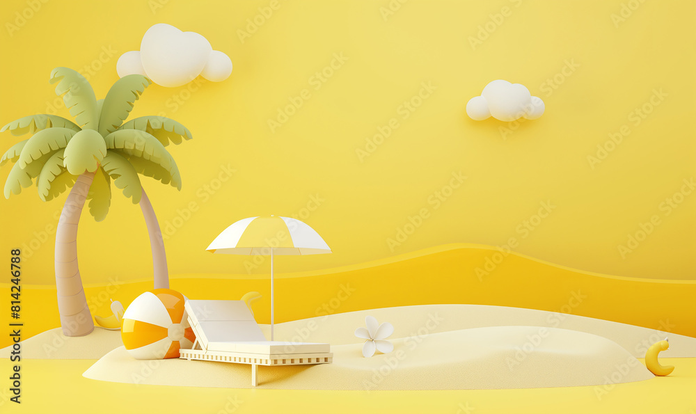 Obraz premium 3d cartoon simple minimalistic illustration of beach with sand, yellow background, beach ball and palm tree, white color sunbed, one small flower on the side, sun umbrella, yellow clouds, minimalism