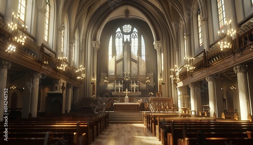 Visualize a Protestant church service with a choir singing traditional hymns in a historic church