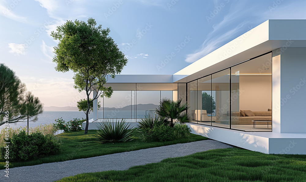 3d rendering, A simple modern house with white walls and glass windows, set against the backdrop of blue sky and green grass in front 3d rendering, A simple modern house with white walls and glass windows, set against the backdrop of blue sky and green grass in front