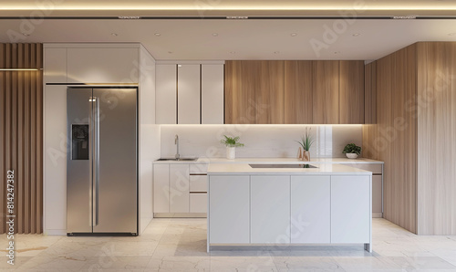 3d rendering, Minimalist kitchen with white cabinets, light brown wood paneling on the wall behind and an integrated refrigerator in stainless steel, with a sleek design that includes black elements