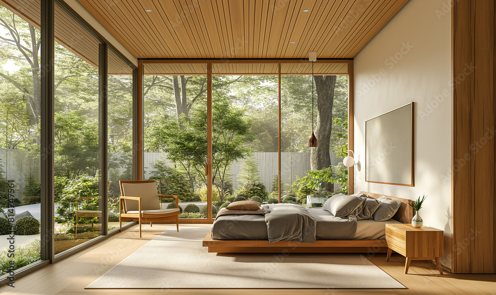 3D rendering of a bedroom with a wooden ceiling and floor, in a minimal interior design style, with light gray walls and gray bed linen 3D rendering of a bedroom with a wooden ceiling and floor, in a minimal interior design style, with light gray walls and gray bed linen