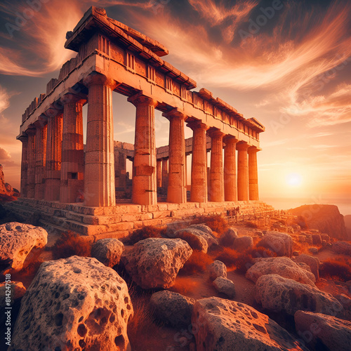 Ancient Greek Rock Temple with Doric Column Ruin During Sunset.