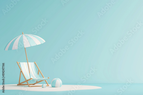 3D rendering of a beach umbrella  chair and ball on sand against an isolated pastel color background. A summer vacation concept