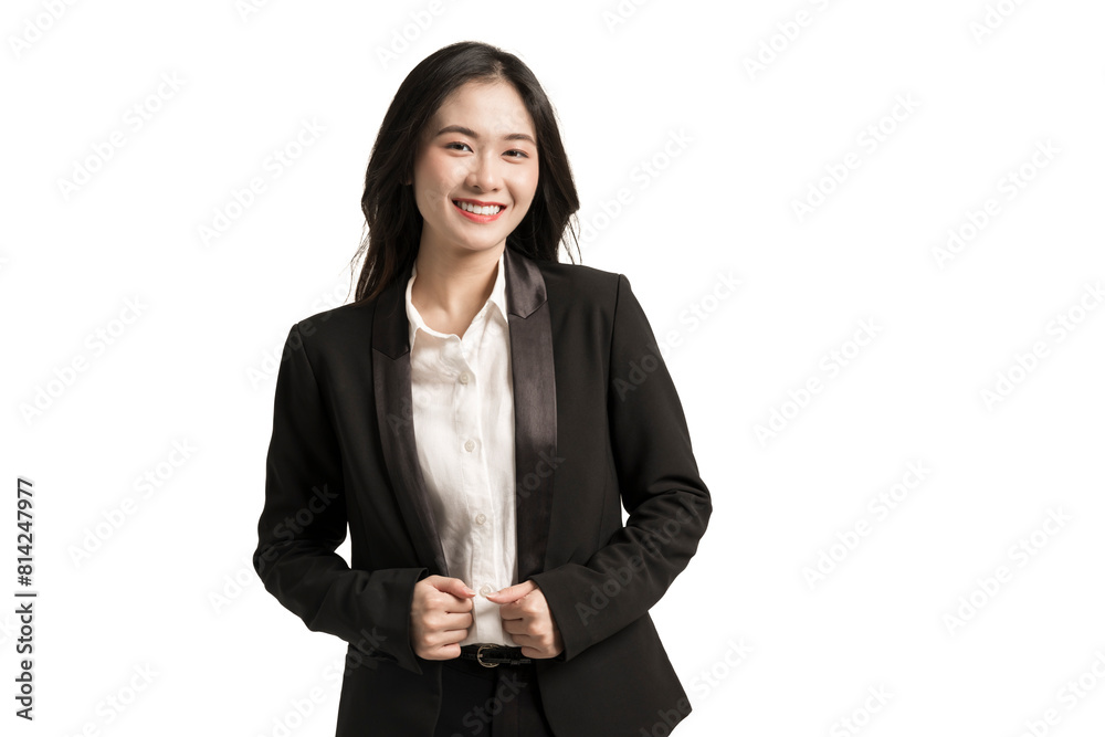 Beautiful smiling young asian business woman wear black suit isolated on white background.Company worker standing businesswoman happy with successful business. Beautiful smiling young asian business woman wear black suit isolated on white background.Company worker standing businesswoman happy with successful business.