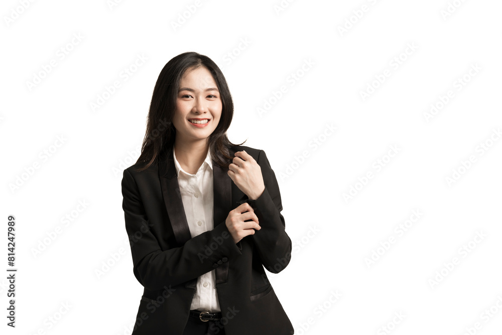 Beautiful smiling young asian business woman wear black suit isolated on white background.Company worker standing with successful confident young businesswoman ceo boss bank employ in formal wear. Beautiful smiling young asian business woman wear black suit isolated on white background.Company worker standing with successful confident young businesswoman ceo boss bank employ in formal wear.