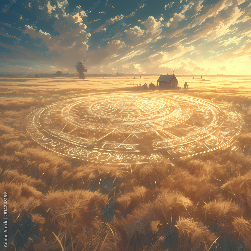 Enchant your projects with this captivating stock image showcasing a field of wheat transformed into an ancient mystic symbol. Perfect for fantasy, spirituality, or history-related content!