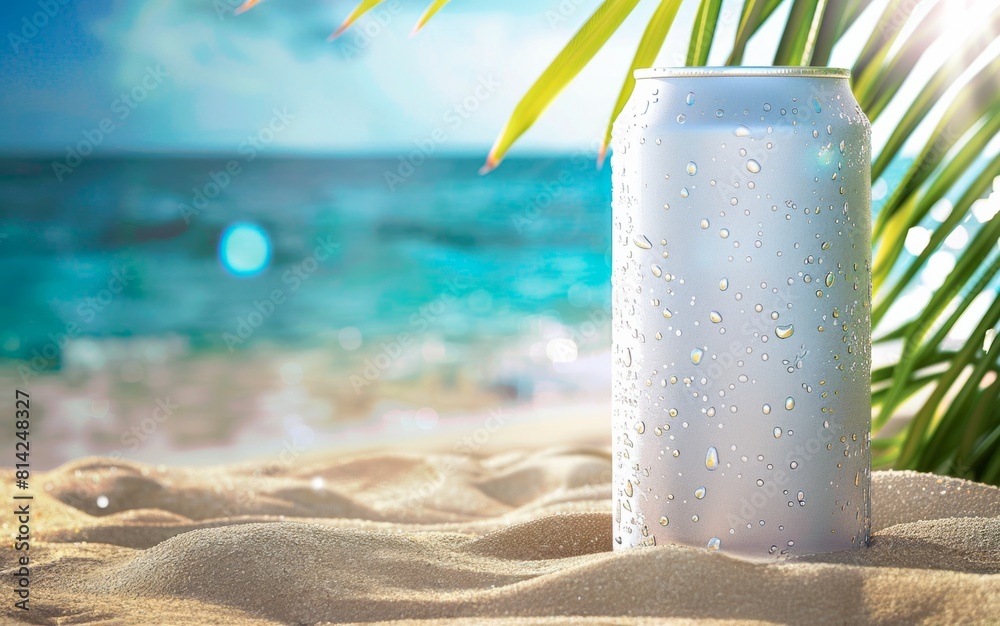 Cold Drink Can on Sandy Beach with Tropical Details Cold Drink Can on Sandy Beach with Tropical Details