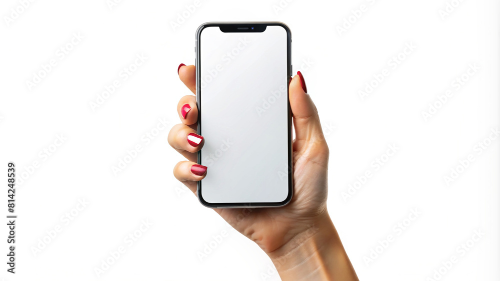 A woman's hand with red nails holding a cell phone with a white screen. A woman's hand with red nails holding a cell phone with a white screen.