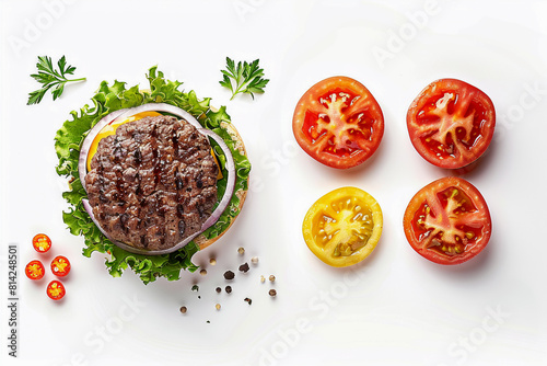 An image of a hamburger and its ingredients taken from above. The image shows the bun, beef patty, tomatoes, onions, lettuce, and other delicious ingredients that make up the burger