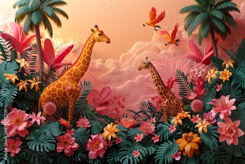 Large group of African safari animals. Jungle  tropical illustration. Lion  parrots  giraffe  zebra  elephant  palm trees  flowers. all Safari wild African animals. surreal art