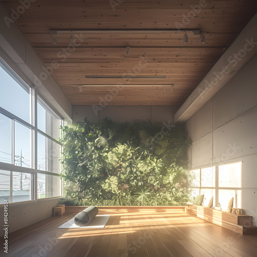 Embrace serenity in this minimalist yoga studio  bathed in natural light and adorned with lush plants. Perfect for relaxation and mindfulness practices.