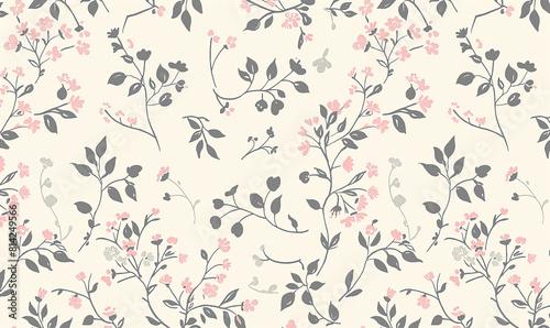 Light pink small flowers and gray leaves on cream background, simple flat pattern