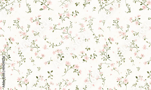 Light pink small flowers and gray leaves on cream background, simple flat pattern