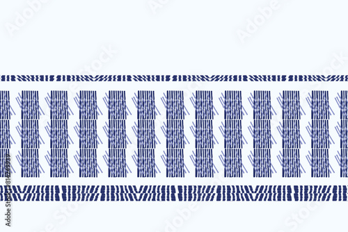 Indigo blue Japanese block print effect bordur. Seamless hand made vector design for fabric batik ribbon and faded fashion repeat banner. 