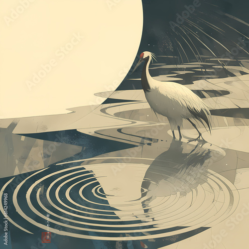 At sunrise, a graceful crane walks carefully across the serene water's surface. photo