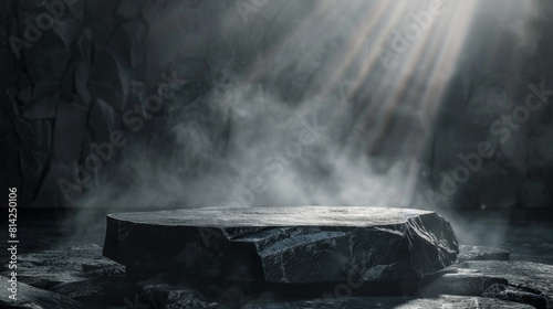 Black stone podium on dark background with smoke for product presentation, mockup scene stage showcase pedestal in cave photo