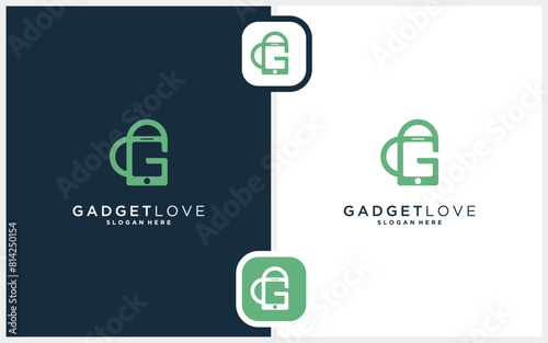 Gadget Love logo vector. Abstract letter G mobile phone shape with combination heart/love sign. Simple creative icon style. Illustration template.
