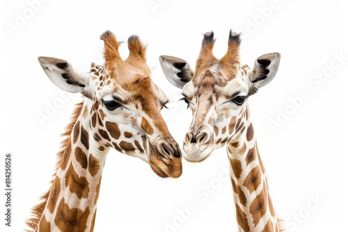 young giraffe couple standing together isolated on white background animal portrait
