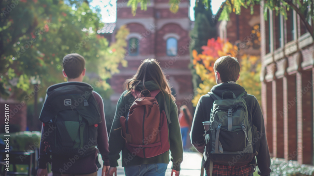 Group of Students Walking Down Street With Backpacks Group of Students Walking Down Street With Backpacks