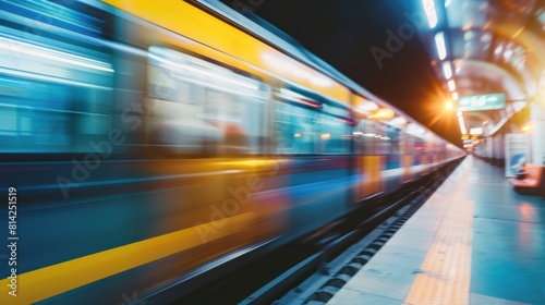 Blurred view of train leaving platform in city