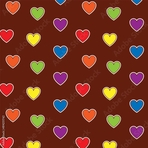 Colorful seamless pattern with LGBT symbols. Lesbians, gays, bisexuals, transsexuals. LGBT symbols and colors, flag, heart. Cartoon texture on a brown background for decoration and printing.