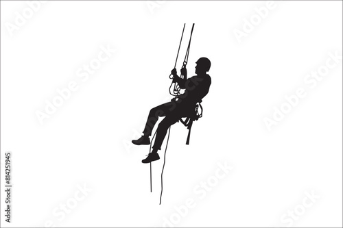 Rappelling climbing rope Silhouette vector isolated on a white background. Man climbing a rope silhouette vector.