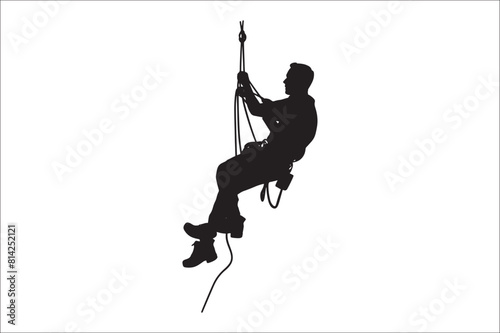 Rappelling climbing rope Silhouette vector isolated on a white background. Man climbing a rope silhouette vector.