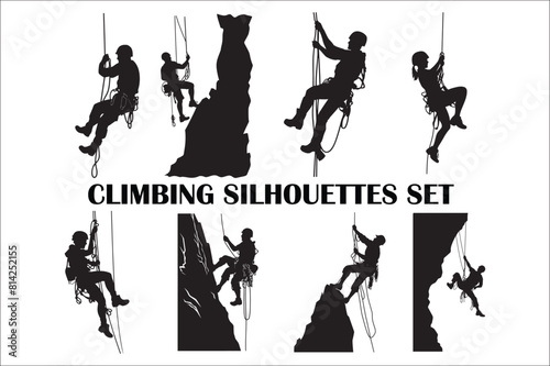 Rappelling climbing rope Silhouette vector isolated on a white background. Man climbing a rope silhouette vector.