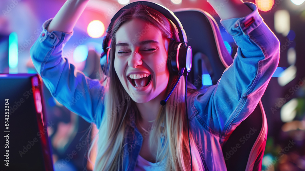 Girl Cheering in Headset While Playing Game Girl Cheering in Headset While Playing Game