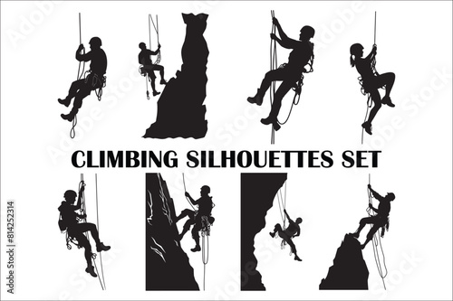 Rappelling climbing rope Silhouette vector isolated on a white background. Man climbing a rope silhouette vector.