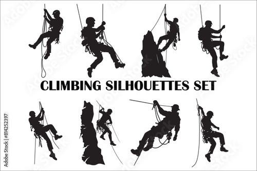 Rappelling climbing rope Silhouette vector isolated on a white background. Man climbing a rope silhouette vector.