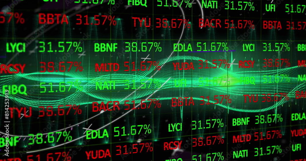 Image of stock market data processing and green digital wave against black background Image of stock market data processing and green digital wave against black background