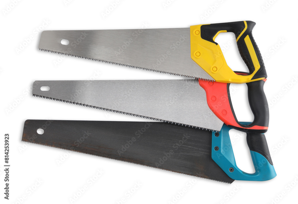 Saws with colorful handles isolated on white, top view Saws with colorful handles isolated on white, top view