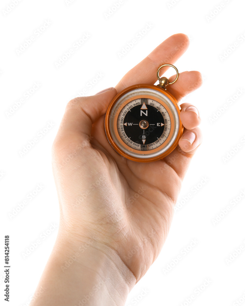 Man holding compass on white background, closeup Man holding compass on white background, closeup